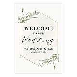 Andaz Press Personalized Extra Large Wedding Easel Board Party Sign, 12x18-inch, Modern Black, Gold with Green Leaves Florals, Welcome to Our Wedding Bride Groom Name Date, 1-Pack, Custom