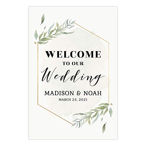 Andaz Press Personalized Extra Large Wedding Easel Board Party Sign, 12x18-inch, Modern Black, Gold with Green Leaves Florals, Welcome to Our Wedding Bride Groom Name Date, 1-Pack, Custom