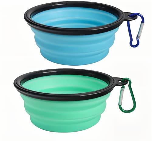 2PZ Ciotola pieghevole per cani, piatto portatile per l'irrigazione per animali domestici, ciotola portatile per alimenti d'acqua per cani con moschettone (350ML, Azzurro+Verde chiaro)