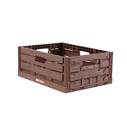 Boîte de rangement pliable robuste aspect bois 40 x 30 x 16,3 cm (16 l) - Caisse de rangement empilable - Panier à provisions pliable - Caisse pliante robuste et résistante
