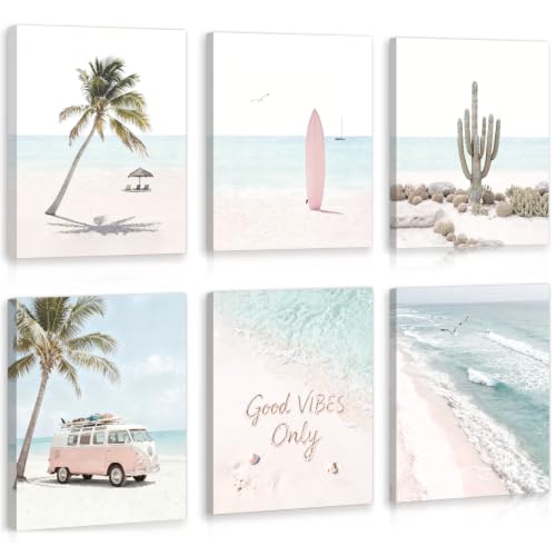 Image of CHDITB Beach Framed Canvas Wall Art,Pink Coastal Palm Tree Surf Decor