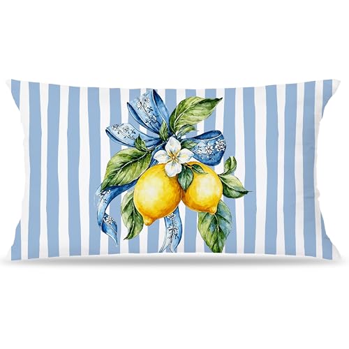 Image of Blue and Yellow Summer Italian Mediterranean Amalfi Coast Lemon Pillow Cover Decor 12x20,Italian Striped Decorative Throw Pillow Cover Decor for Couch Double-Sided
