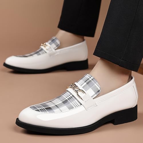 Men's Plaid Patent Leather Classic Gold Buckle Penny Loafers Fashion Comfortable Breathe Pointed Toe Slip On Formal Shoes for Casual Business Walking Dress Shoes 6