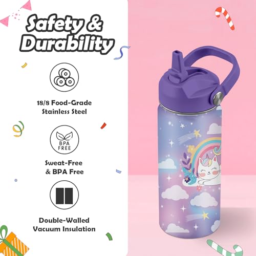 Cat Gifts for Kids - 16oz Purple Cat Water Bottle with Straw Lid - Rainbow Cats Stainless Steel Kids Insulated Cup for School, Sports, Travel Tumbler for Cats Lovers, Girls by ROVOZAR - Image 4