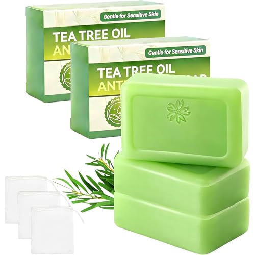 Lot de 3 savons à l’huile d’arbre à thé – Savon purifiant visage et corps pour peaux à imperfections, nettoyage en profondeur, contrôle du sébum, parfum frais