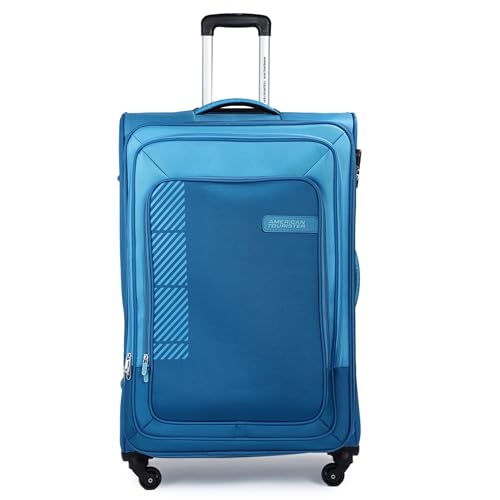 Image of American Tourister Apolo 81 cms Check-in Polyester Soft Sided 4 Spinner Wheels Luggage /Suitcase /Trolley Bag (Blue)