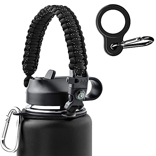 Paracord Handle For Water Bottle Strap,Compatible With Hydro Flask And Other Width Mouth Water Bottles 12oz - 64 oz,Paracord Strap With Compass,And Whistles For Outdoor Activities or Daily Use-Black
