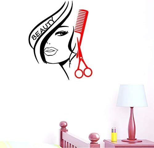 Modern Fashion Beauty Girl Cut Hair with Scissors Comb Barber Shop Wall Decal Window Sticker Hairdressing Salon Creative Personality Vinyl Art Mural (Black+Red, DIY 22.04" x 28.35")
