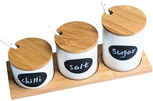 Ceramic Condiment Sugar Bowl Set with Lids and Spoons, Coffee Tea Jar Containers, Modern Kitchen Salt Spice Counter Canister Jars, Bamboo Serving Tray, Elegant Dip Sauce Ramekins - Great Gift Idea