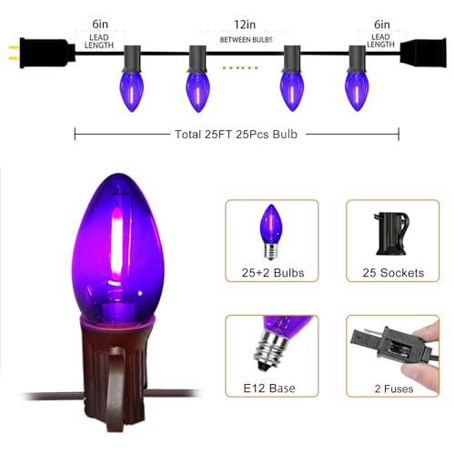 Image of 25FT C7 Purple LED String Lights, Black Wire Outdoor Halloween | IP44 Waterproof & Shatterproof, End-to-End Connectable, Perfect for Patio, Porch, Railing, Party or Holiday Decor