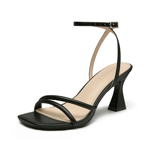 Image of Goderci Women's Kitten Strappy Mid heels Square Open Toe Ankle Strap Heeled Sandals