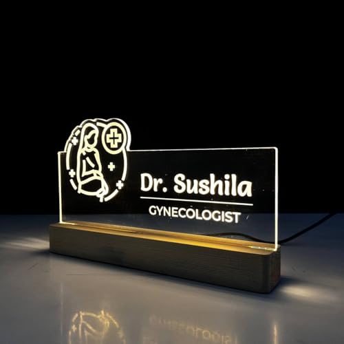 Image of Customized LED Name Plate for Office Desk Table Lamp Name Sign Birthday Gift For Female Specialist Gynecologist Maternity Pregnancy Doctor Size (10 x 6 inch) (For Gynecologist)