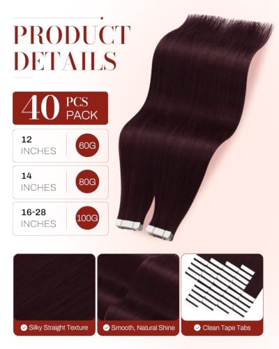 Image of Moresoo 40 Pcs Wine Red Tape in Hair Extensions Human Hair Invisible Tape in Extensions Burgundy Hair Extensions Real Human Hair Tape in Seamless Glue in Human Hair 18 Inch #99J 100g