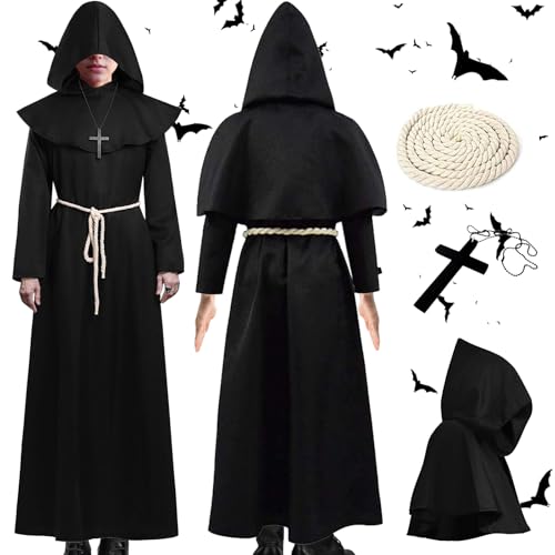 Disfraz Monje Hombre con Capucha Y Cruz, L Disfraz Halloween Hombre, Disfraz Sacerdote Hombres, Hombres Cosplay Túnica Capucha Tunica Negra Disfraz Monje para Halloween, Medieval, Renacimiento Negro