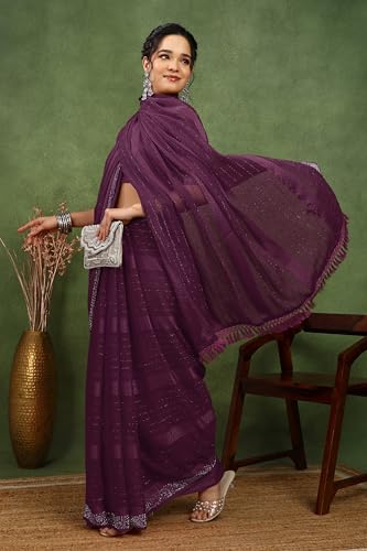 Image of MIRCHI FASHION Saree for Woman Georgette Solid with Satin Stripes | Stone Border Farewell and Ceremonial Sari with Blouse Piece