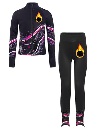 Huimingda - Huimingda Kids Girls 2 Pcs Sports Dance Training Suit Fleece Zipper Figure Skating Jacket with Leggings Set Hot Pink 6 Years