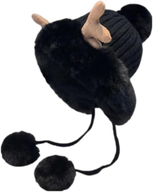 Cute Kawaii Women Warm Reindeer Cover Ears Beanie with Pom Pom Ear Flaps Hat for Winter