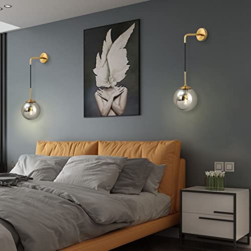 Image of KCO Lighting Modern Glass Globe Wall Sconce Minimalist Gold Wall Mounted Sconce Light with Smoke Grey Lampshade Round Wall Lamp for Bathroom Mirror Bedroom (Smoke Grey-2PC)