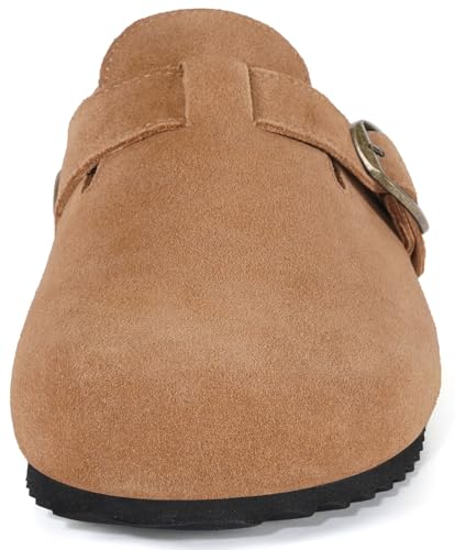 Image of Genuine Suede Clogs Womens Mens Cork Footbed Sandals Potato Shoes | Unisex Suede Leather Mules ,Arch Support,Adjustable Metal Buckle,Cork and Rubber,Wonderful Quality