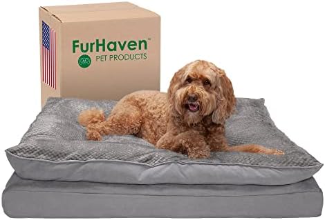 Furhaven Orthopedic Dog Bed for Large Dogs w/ Pillow Cushion Top & Removable Washable Cover, For Dogs Up to 95 lbs - Minky Plush & Suede Pillow Top Mattress - Titanium Gray, Jumbo/XL