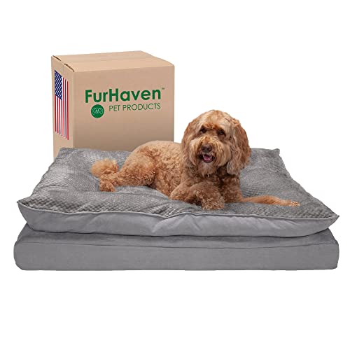 Furhaven Orthopedic Dog Bed For Large Dogs W/ Pillow Cushion Top & Removable Washable Cover, For Dogs Up To 95 Lbs - Minky Plush & Suede Pillow Top Mattress - Titanium Gray, Jumbo/Xl #TOP25