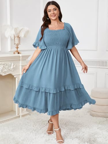 Image of SCOMCHIC Women's Plus Size Maxi Dresses Summer Short Sleeve Square Neck Smocked Wedding Guest Cocktail Boho Long Dress