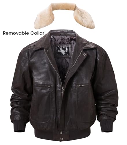 Image of FLAVOR Men's Real Leather Bomber Jacket with Removable Fur Collar Aviator