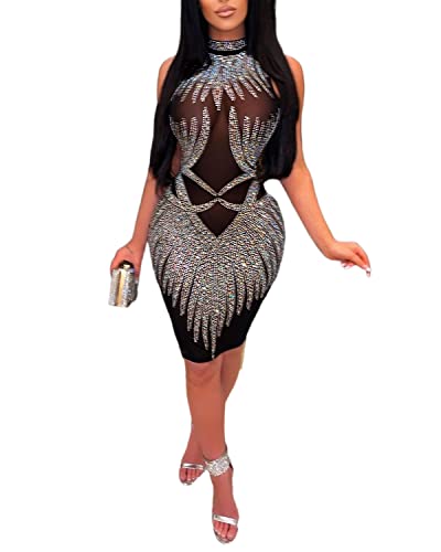 Image of PORRCEY Women's Sexy Rhinestone Lace Sheer Mesh Formal Evening Dress