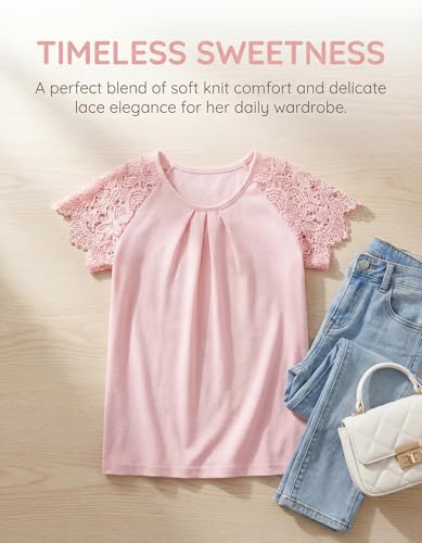 Girls Ruffle Eyelet Sleeve Shirts Kids Summer Pleated Neck Trendy Cute Teen Tops Kids Tees 5-14 Years Pink