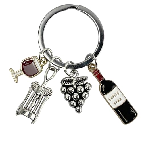 Porte-clés Cave à Vin - Accessoires Bouteille, Verre, Raisins et Tire-Bouchon - Unisexe