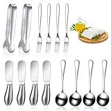 14 Pieces Cheese Butter Spreader Knives Set Stainless Steel Cheese Slicer Butter Spreader Knives with Stainless Steel Handles Mini Serving Tongs Spoons and Forks for Butter and Pastry Making (Silver)