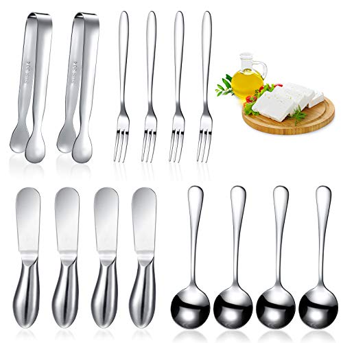 14 Pieces Cheese Butter Spreader Knives Set Stainless Steel Cheese Slicer Butter Spreader Knives with Stainless Steel Handles Mini Serving Tongs Spoons and Forks for Butter Cheese and Pastry Making