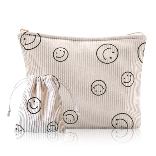 OUDQFCJ Set de 2 Neceseres de Tela, Bolsas de Maquillaje Portátiles con Diseño de Carita Sonriente, Exterior de Cordsamt y Interior de Lona Mejorada, Ideal para Viajes, Niñas, Mujeres, Beige