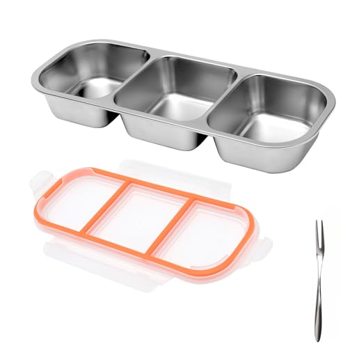 Caja de aperitivos con 3 compartimentos, recipiente de aperitivos de acero inoxidable 304 con compartimentos de 600 ml, recipiente para aperitivos bento con tapas a prueba de fugas, almacenamiento de