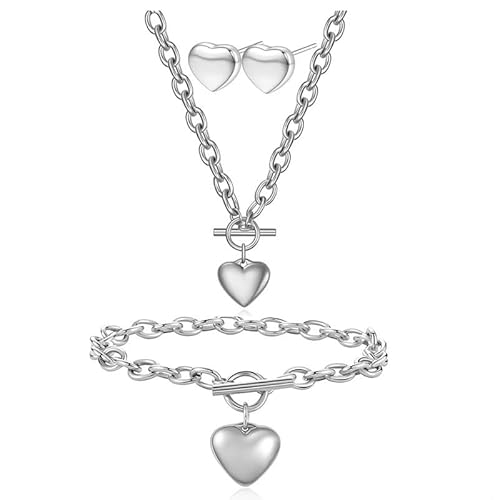 MALOYANVE 3 Sets Heart Pendant Necklace Toggle Chain Heart Bracelet Heart Stud Earrings Elegant Charm Stainless Steel Love Heart Valentines Day Jewelry Set for Women (Silver)