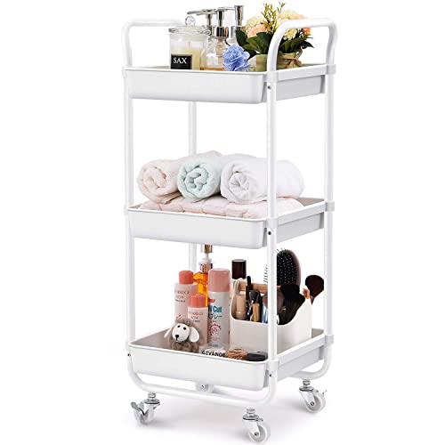 KINGRACK 3-Tier Rolling Storage Trolley, Kitchen Cart with Wheels, Organization Cart for Utilization, Shelving Unit, Storage Rack, Fruit & Vegetable Stand, Organizer Cart, White