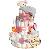  Tarta de pañales recién nacido niña tres pisos modelo Ratoncitos rosa con corazón personalizado, doudou, mordedor, cuchara, peine y cepillo, chupete, toallitas y animalitos baño.