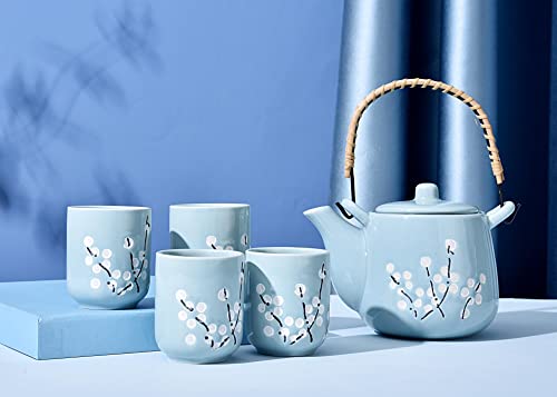 Mose Cafolo Japanese Tea Set Teal With White Plum-Flower Ceramic Tetsubin Teapot & 4 Teacups, Stainless Steel Infuser, Rattan Handle Included In Gift Box #TOP4