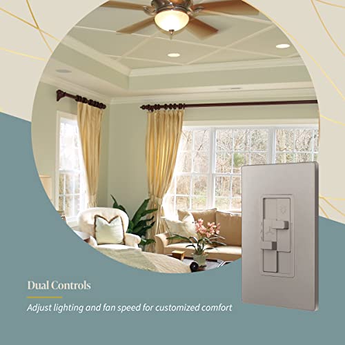 Topgreener Kalide Combo Dimmer Switch With 3-Speed Fan Control, Light And Fan Combination Switch, Single Pole, 2.5A, 200W Led/Cfl, Neutral Wire Not Required, Tgdsfs3-Nk, Nickel #TOP1
