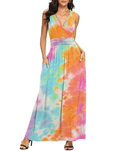 Image of LILBETTER Women Sleeveless Deep V Neck Loose Plain Long Maxi Casual Dress
