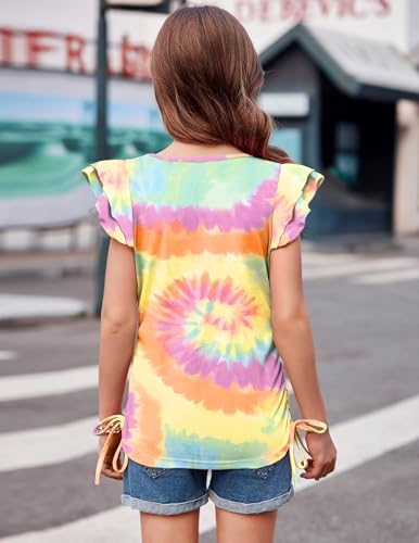 Image of Arshiner Girls T Shirts Ruffle Short Sleeve Ruched Knot Side Tunic Blouse Summer Tee Tops