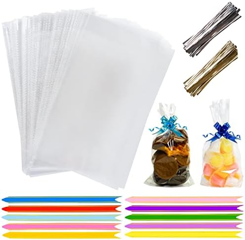 Cellophane Bags Pack of 100 (6 x 10 Inches) Food Safe Cookie Bags with Mix Colors Pull Bows & Twist Ties - Clear Bags for Gifts, Packaging, Wrapping Sweets bag for Hamper Making