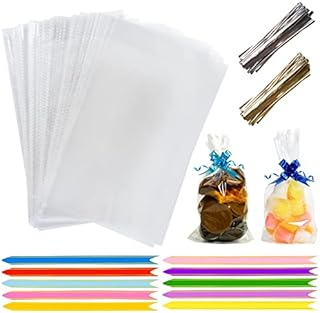 Cellophane Bags Pack of 100 (6 x 10 Inches) Food Safe Cookie Bags with Mix Colors Pull Bows & Twist Ties - Clear Bags for Gifts, Packaging, Wrapping Sweets bag for Hamper Making