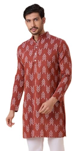 Image of Studio Shringaar Men's Cotton Blend Relaxed Fit Ikat Printed Knee Length Kurta