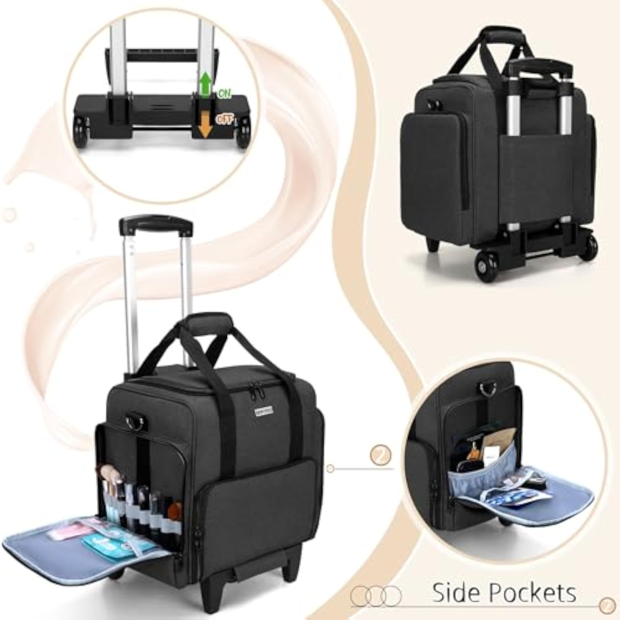 Rolling Makeup Case with Removable Pouches, Black