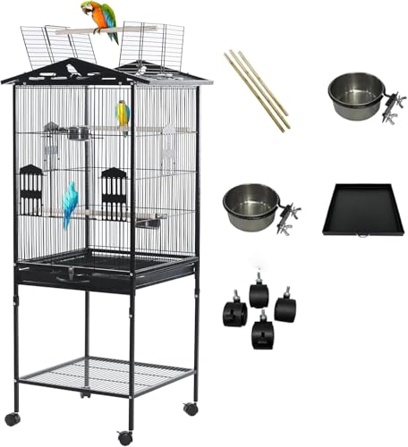 TDOO 52-Inch Large Metal Bird Cage with Open Top Standing Parrot & Parakeet Flight Cage Rolling Stand & Bottom Tray Included Bird Villa with 2 Stainless Steel Feeding Cups