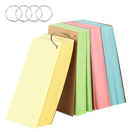 Colored 3×5 Index Cards with Rings, Goefun Ruled Flashcards 200Pcs, 4 Color Notecards for Studying, Vocabulary Cards, Recipes, Memos, Bookmark, Greetings