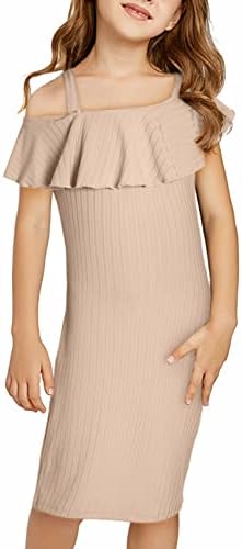 blibean Tween Girl Party Dress Summer One Shoulder Bodycon Dresses Solid Ruffle Outfit Kid Dressy Clothes Semi Formal Clothing Size 10-12 Year Old Beige