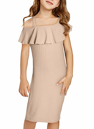 Blibean Tween Girl Party Dress Summer One Shoulder Bodycon Dresses Solid Ruffle Outfit Kid Dressy Clothes Semi Formal Clothing Size 10-12 Year Old Beige #TOP15
