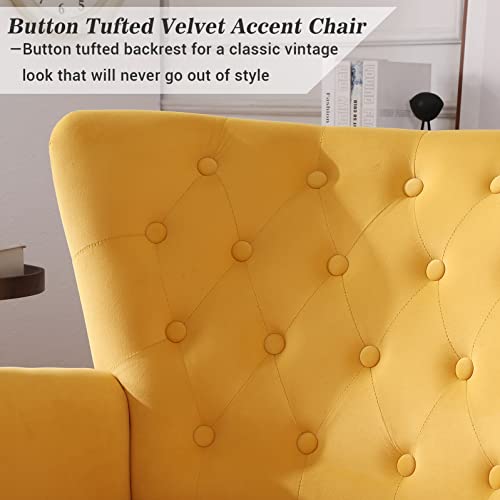 Hchairh Velvet Accent Chair, Modern Wingback Button Tufted Armchair Lounge Chair With Golden Legs For Living Room Bedroom,Yellow #TOP3